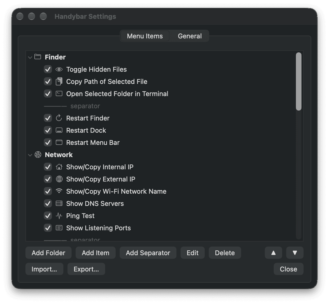 Handybar: Menu items dark mode