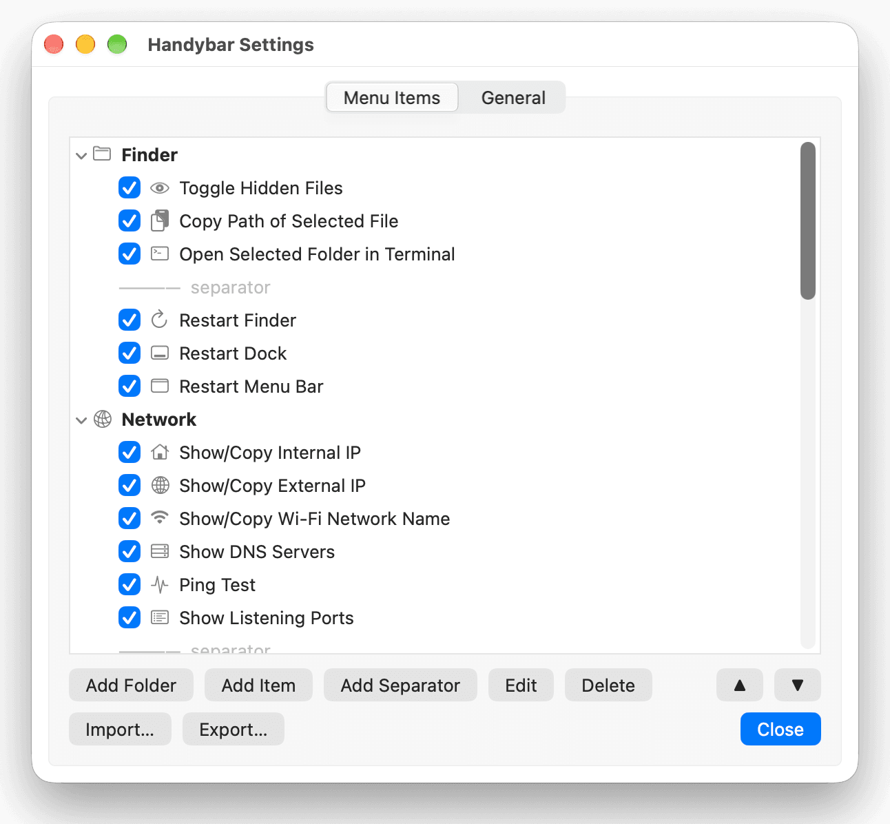 Handybar: Menu items light mode