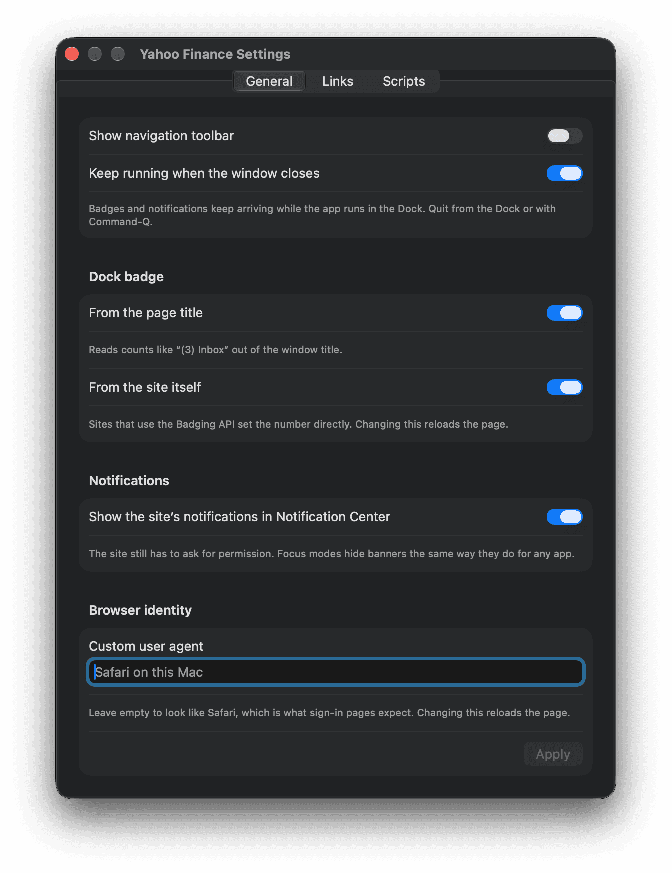 Rivlet: Settings general dark mode